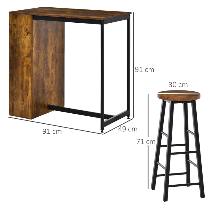 3 Piece Industrial Style Bar Table Set, Pub Dining Table Set Height Table and 2 Stools with Storage Shelf, Rustic Brown