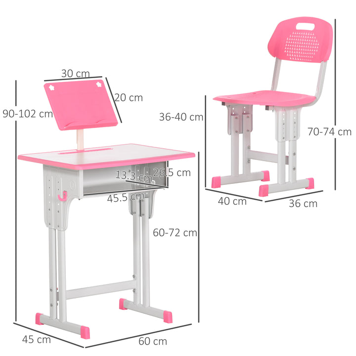 HOMCOM Kids Desk and Chair Set, Height Adjustable Study Table Set with Storage Drawer, Book Stand, Cup Holder, Pen Slot, Pink