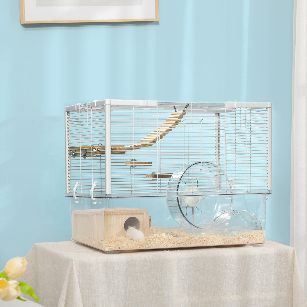 Hamster Cage, Gerbilarium Cage, Wooden Ramp, Exercise Wheel, Food Bowl, Natural Tone and White