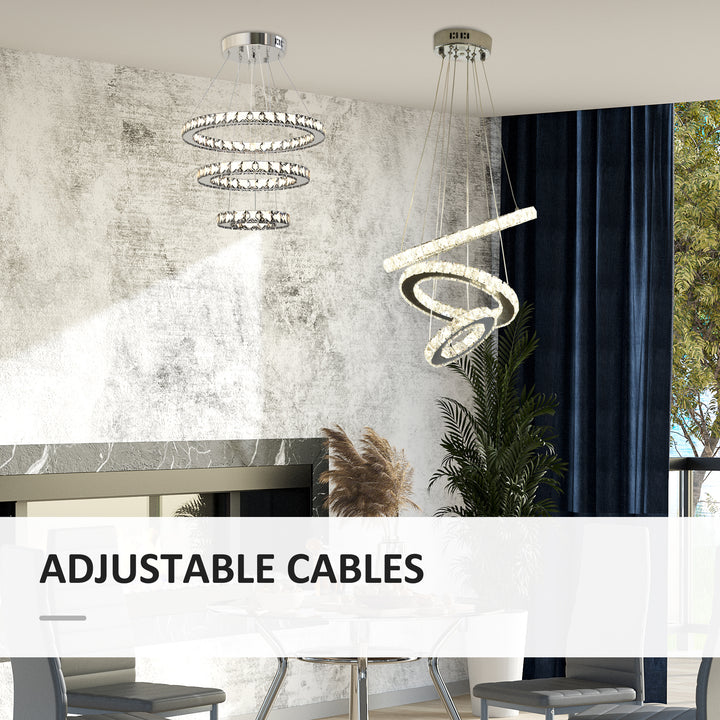Modern LED Chandelier with 3 Crystal Rings, Dimmable Pendent Ceiling Light Cool Warm White with Adjustable Cable Remote Controller, Silver