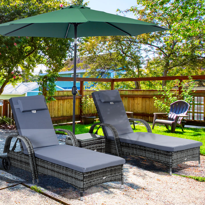 Outsunny 3 Pieces Rattan Sun Loungers, Garden Wicker Wheeling Recliner , PE Rattan Lounge Chairs w/ Cushions & Side Coffee Table Grey