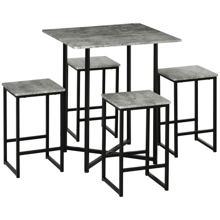 Square Bar Table with Stools, Concrete Effect 5 Pieces Small Kitchen Table and Chairs Set for 4 People, with Steel Frame and Footrest, Grey