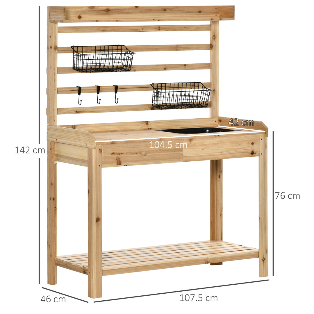 Outsunny Potting Bench Table, Garden Work Bench, Workstation with Metal Sieve Screen, Removable Sink, Additional Hooks and Baskets for Patio, Balcony