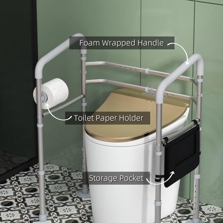 Free Standing Toilet Frame, Height and Width Adjustable Toilet Safety Frame with Arms, 2 Additional Suction Cups, Storage for Elderly, Senior, Disabled, Handrail Grab Bar, 136kg Weight Capacity