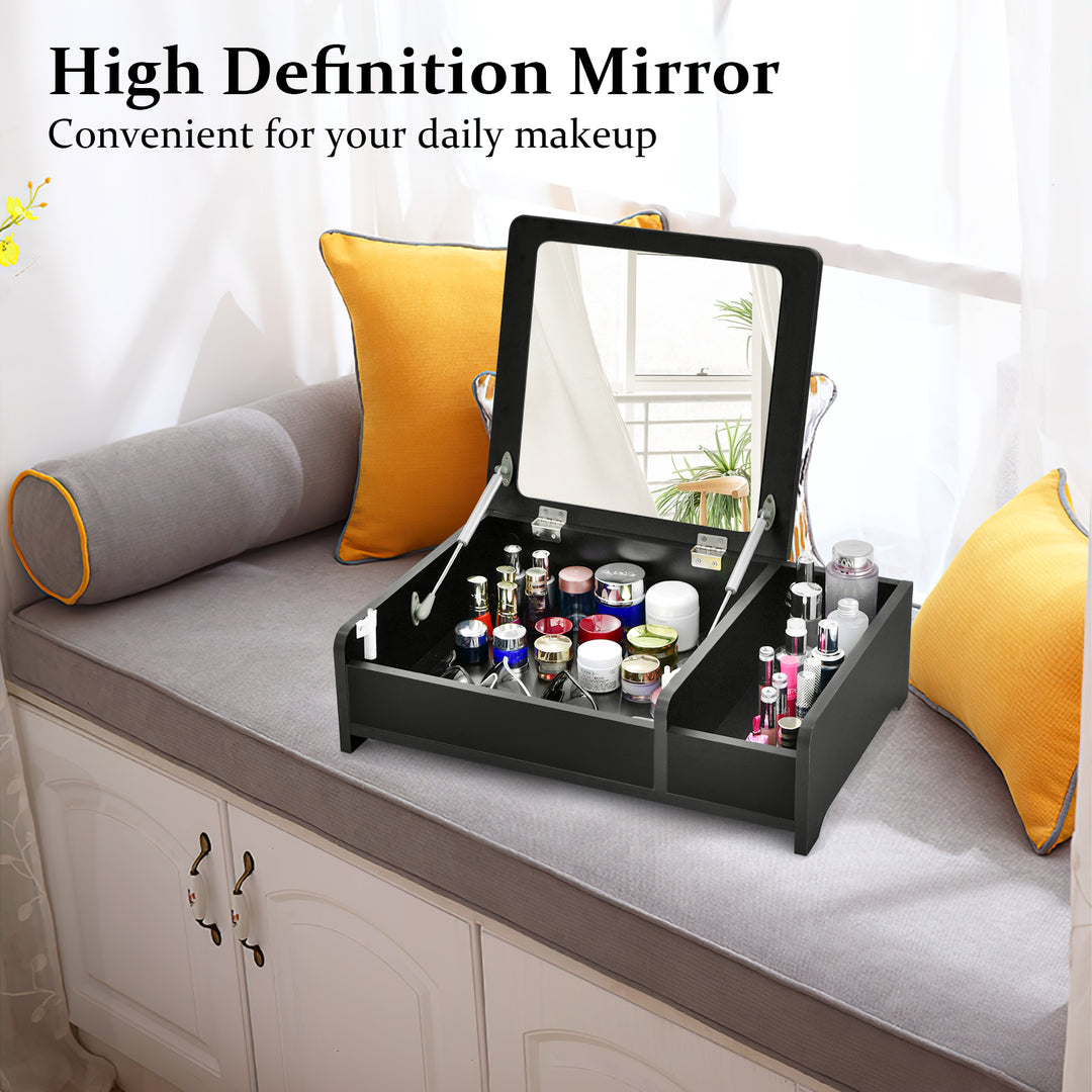 Modern Desktop Makeup Organizer with Flip-Top Mirror-Black