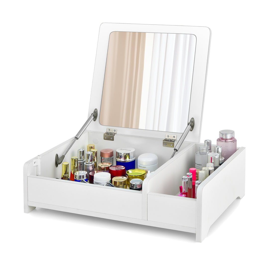 Modern Desktop Makeup Organizer with Flip-Top Mirror-White