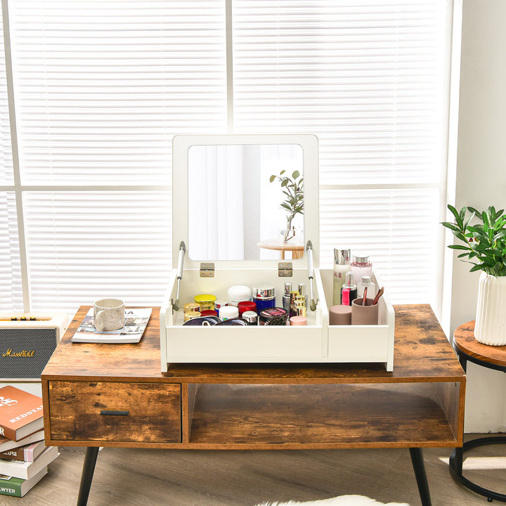 Modern Desktop Makeup Organizer with Flip-Top Mirror-White