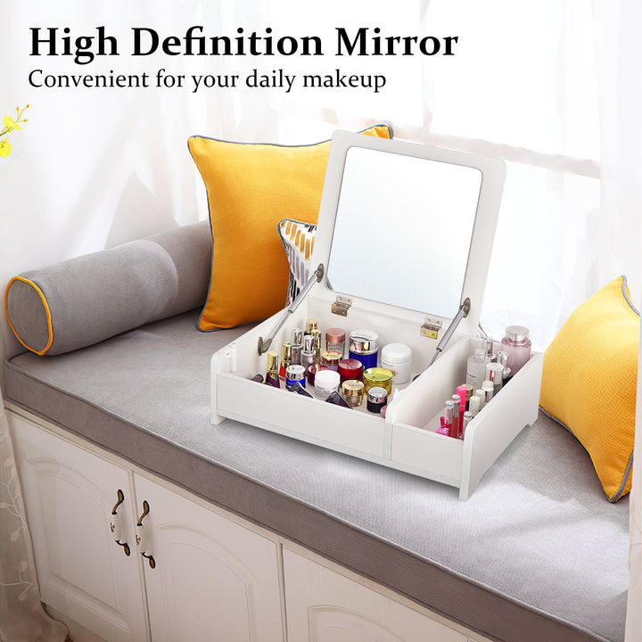 Modern Desktop Makeup Organizer with Flip-Top Mirror-White
