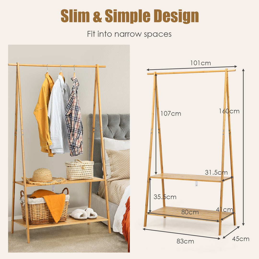 Bamboo Garment Rack with Hanging Rod 2 Shelves and Hooks-Natural