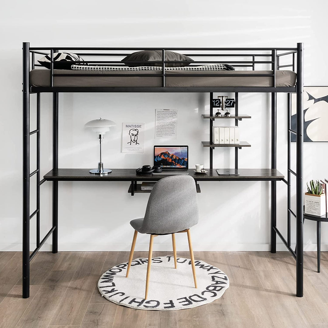 Metal Bunk Bed Frame High Sleeper with Desk and Storage Shelves-Black