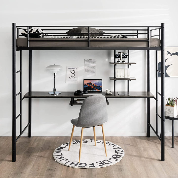 Metal Bunk Bed Frame High Sleeper with Desk and Storage Shelves-Black