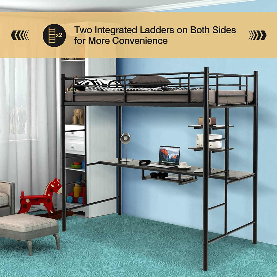 Metal Bunk Bed Frame High Sleeper with Desk and Storage Shelves-Black