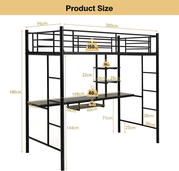 Metal Bunk Bed Frame High Sleeper with Desk and Storage Shelves-Black