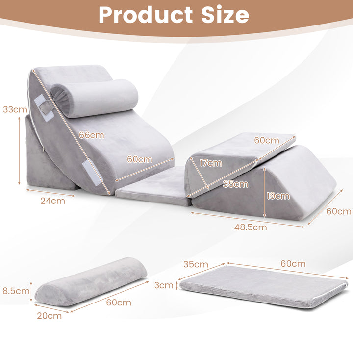 6 Pieces Folding Memory Foam Bed Wedge Pillows Set with Headrest-Grey