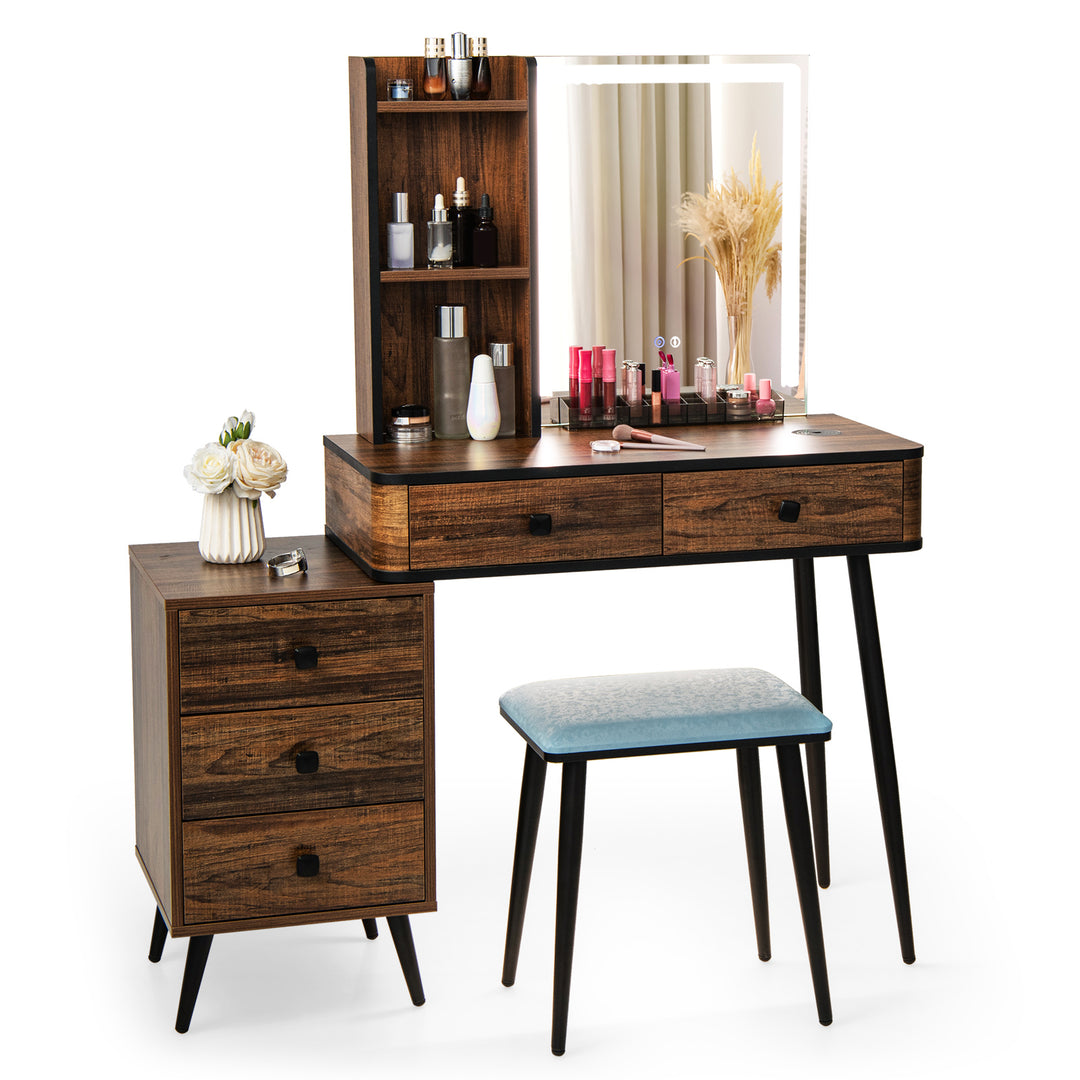 Vanity Table Set with 3-Color LED Lights Mirror and Charging Station-Brown