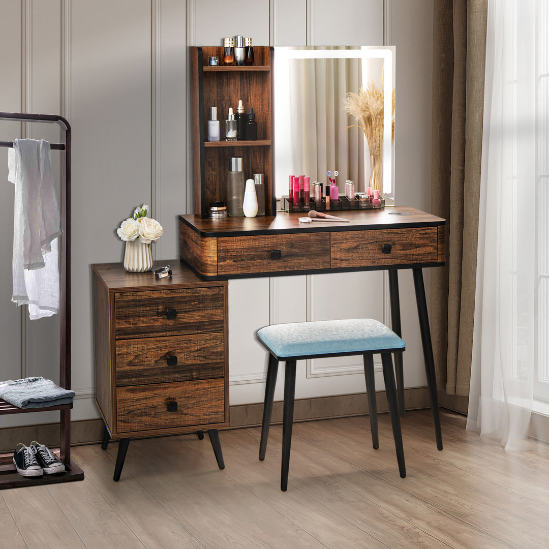 Vanity Table Set with 3-Color LED Lights Mirror and Charging Station-Brown