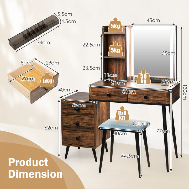 Vanity Table Set with 3-Color LED Lights Mirror and Charging Station-Brown