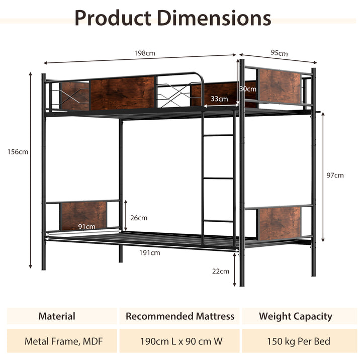 Convertible Metal Bunk Bed Frame with Ladder and Safety Guardrail