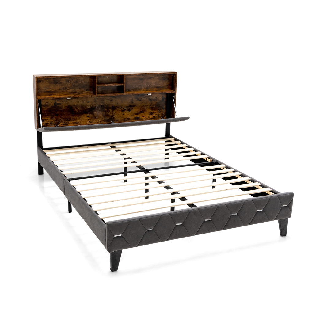 Bed Frame with Storage Headboard and Slat Support- Double Size