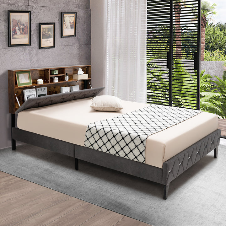 Bed Frame with Storage Headboard and Slat Support- Double Size