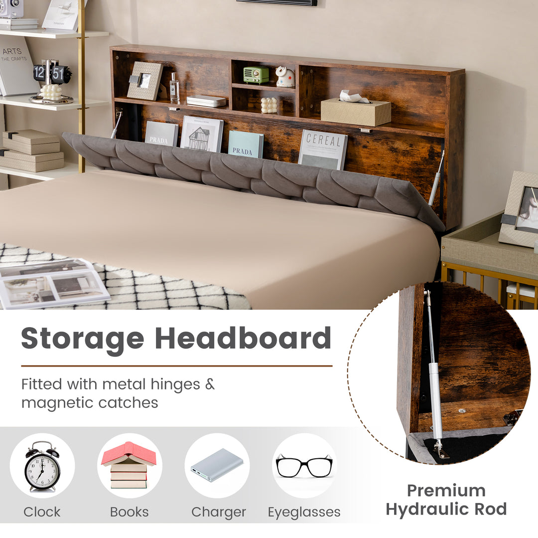 Bed Frame with Storage Headboard and Slat Support- Double Size
