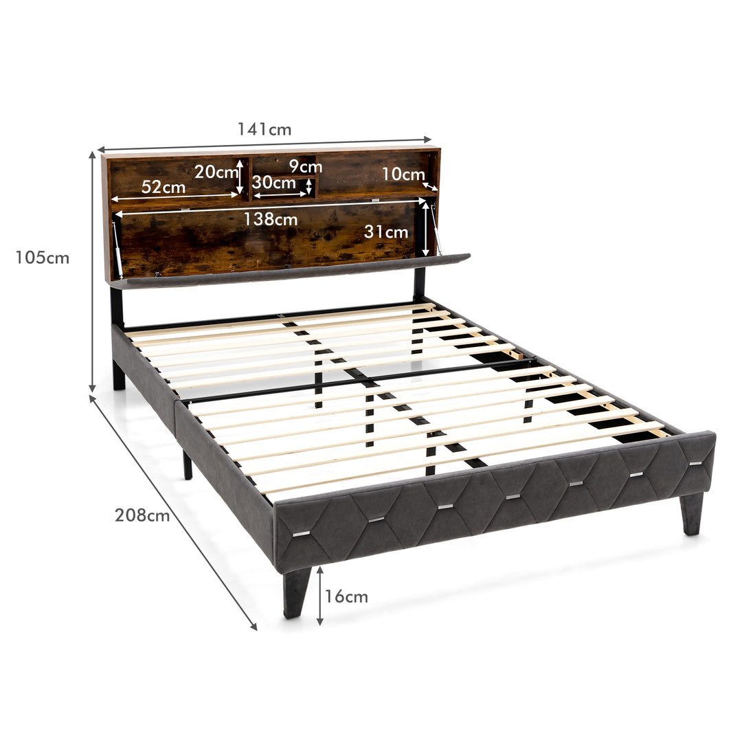 Bed Frame with Storage Headboard and Slat Support- Double Size
