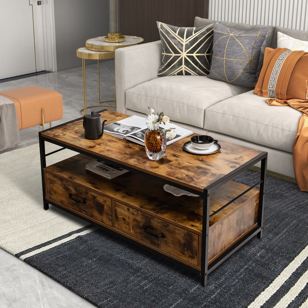 Coffee Table with Storage Drawers and Shelf-Rustic Brown