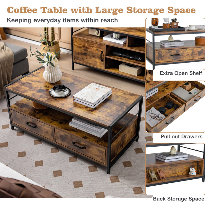 Coffee Table with Storage Drawers and Shelf-Rustic Brown