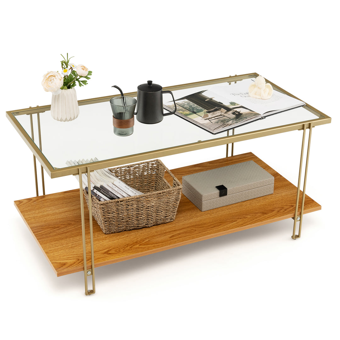 2-Tier Rectangular Cocktail Tea Center Table with Tempered Glass Top and Wooden Storage Shelf