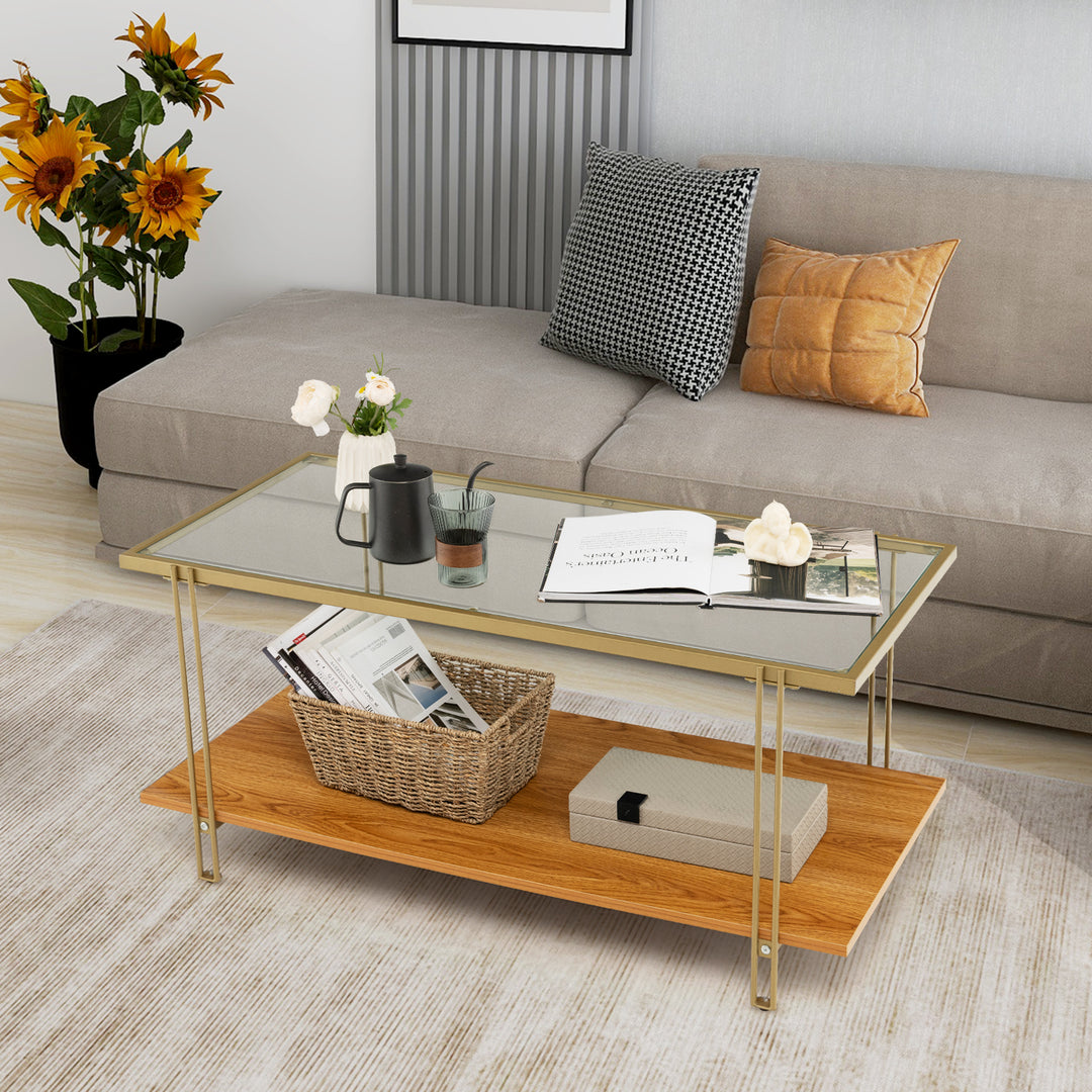 2-Tier Rectangular Cocktail Tea Center Table with Tempered Glass Top and Wooden Storage Shelf