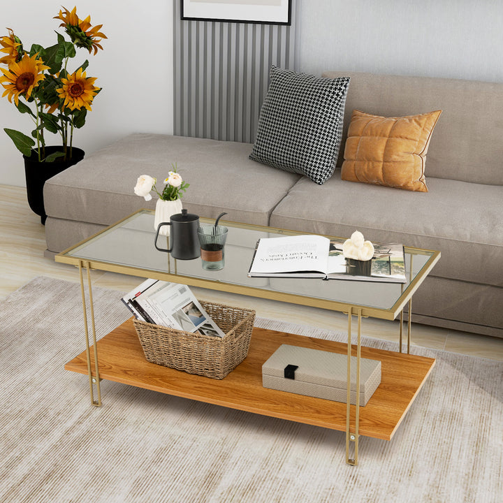 2-Tier Rectangular Cocktail Tea Center Table with Tempered Glass Top and Wooden Storage Shelf
