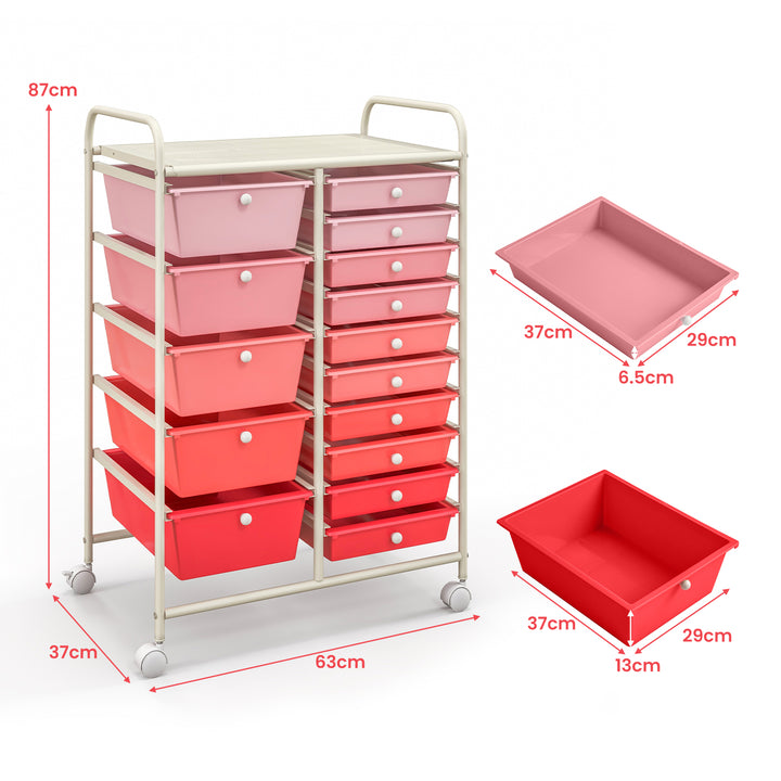 15 Drawer Rolling Storage Cart with 4 Wheels for Beauty Salon-Pink