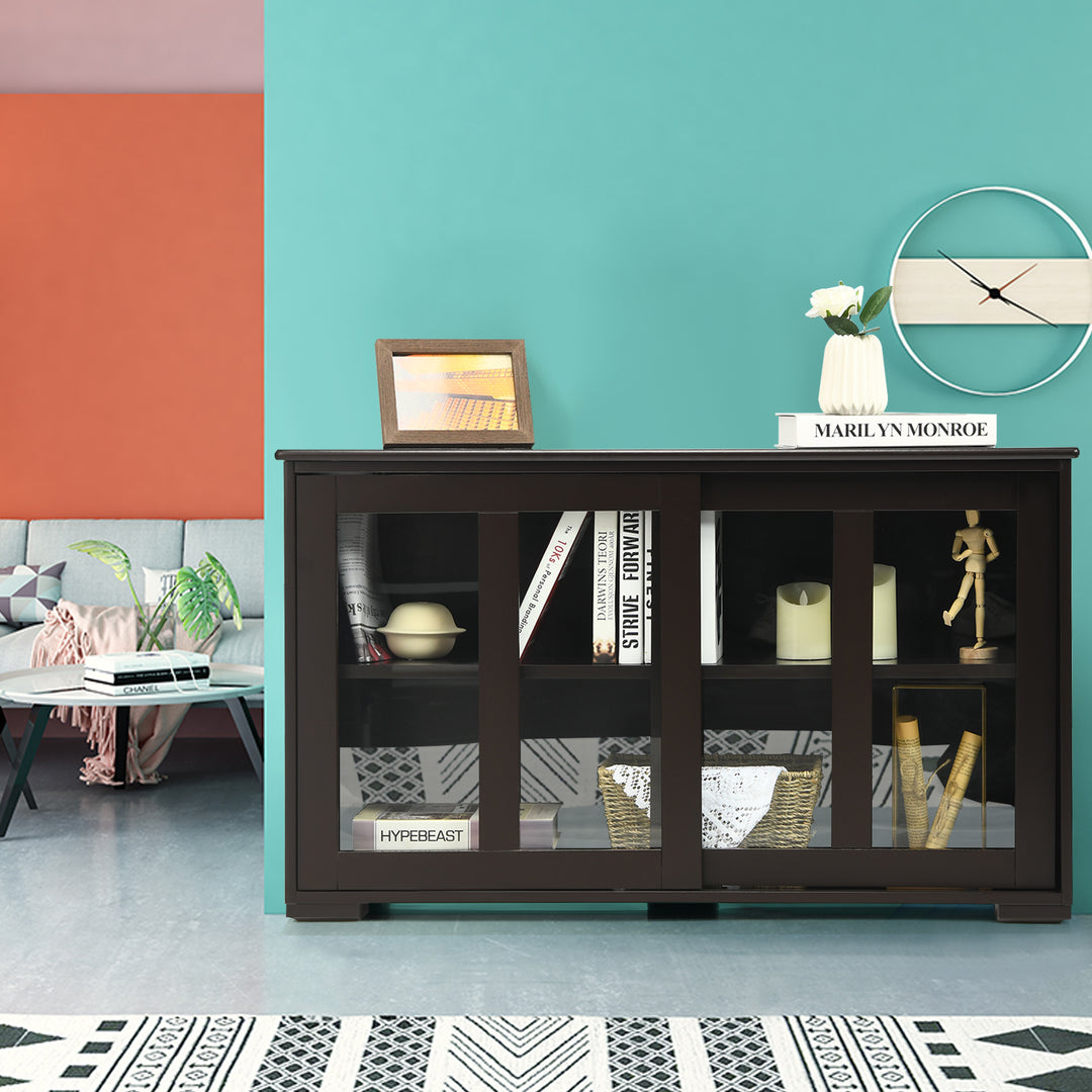 Sideboard Cabinet with Sliding Glass Doors and Adjustable Shelf-Brown