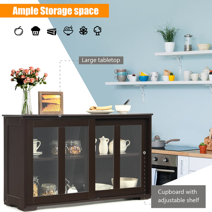 Sideboard Cabinet with Sliding Glass Doors and Adjustable Shelf-Brown