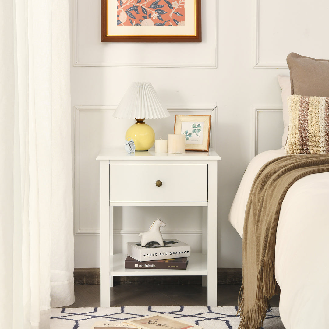 Bedside Table with Drawer and Storage Shelf-White