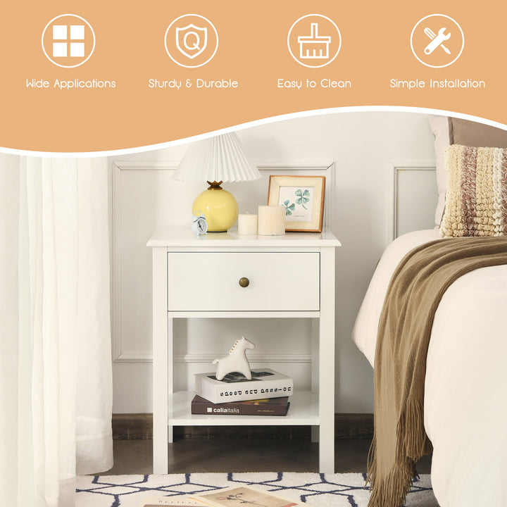 Bedside Table with Drawer and Storage Shelf-White