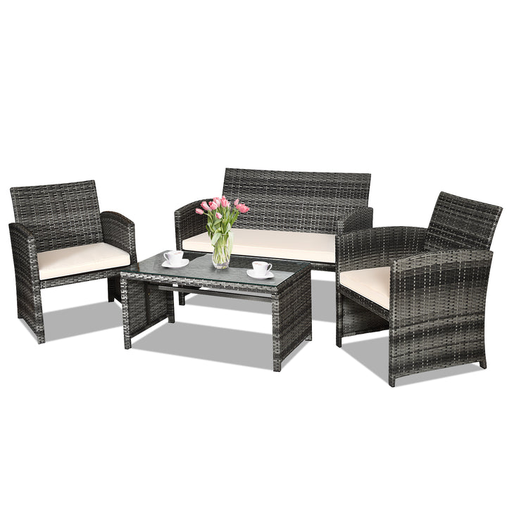 4 Pieces Patio Furniture Set with Cushions and Coffee Table-White