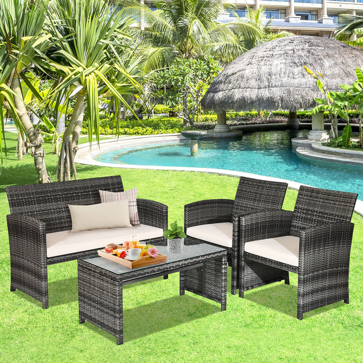 4 Pieces Patio Furniture Set with Cushions and Coffee Table-White