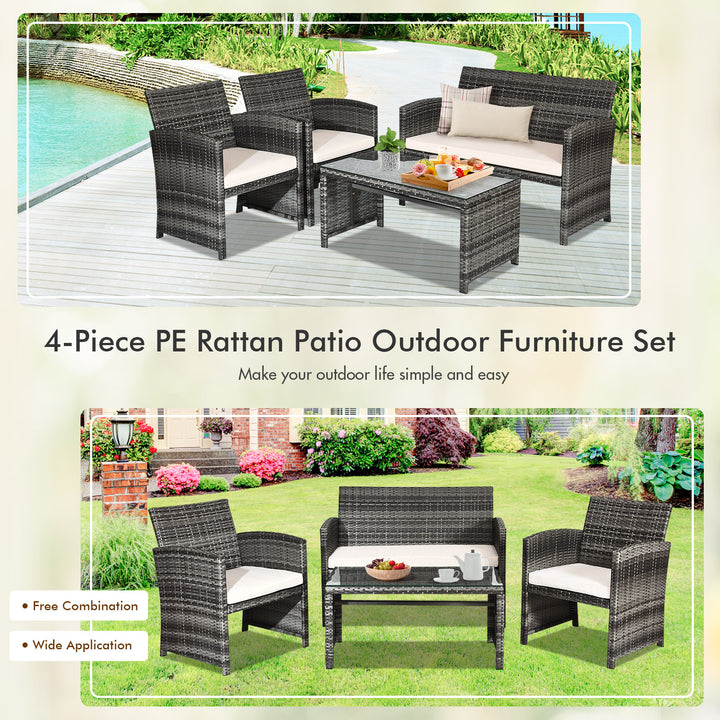 4 Pieces Patio Furniture Set with Cushions and Coffee Table-White