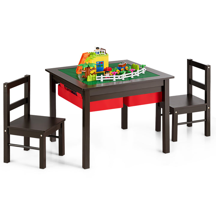 Kids Table and Chairs Set with Building Block Tabletop and Drawers-Coffee