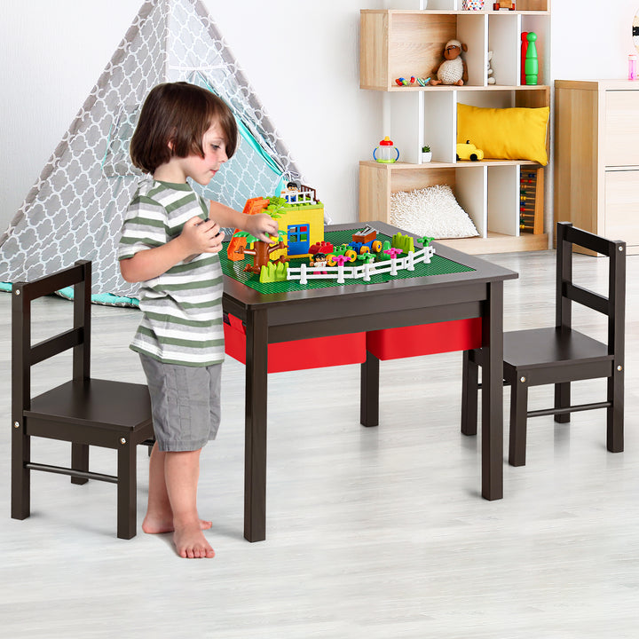 Kids Table and Chairs Set with Building Block Tabletop and Drawers-Coffee