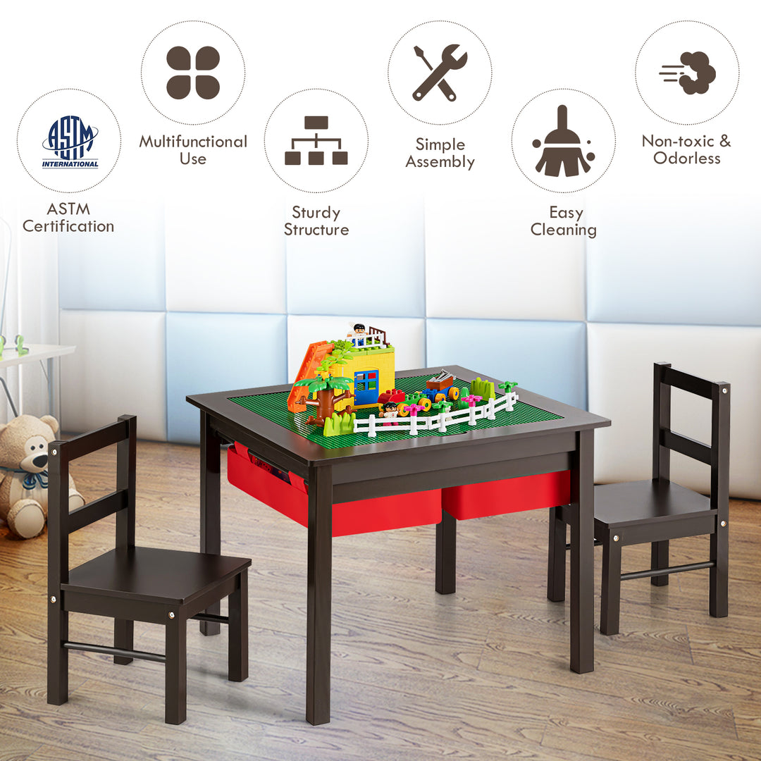 Kids Table and Chairs Set with Building Block Tabletop and Drawers-Coffee