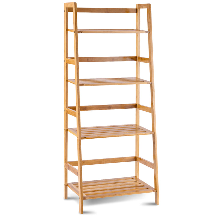 4 Tier Bamboo Plant Stand with Rear Bar and Slatted Tier Design