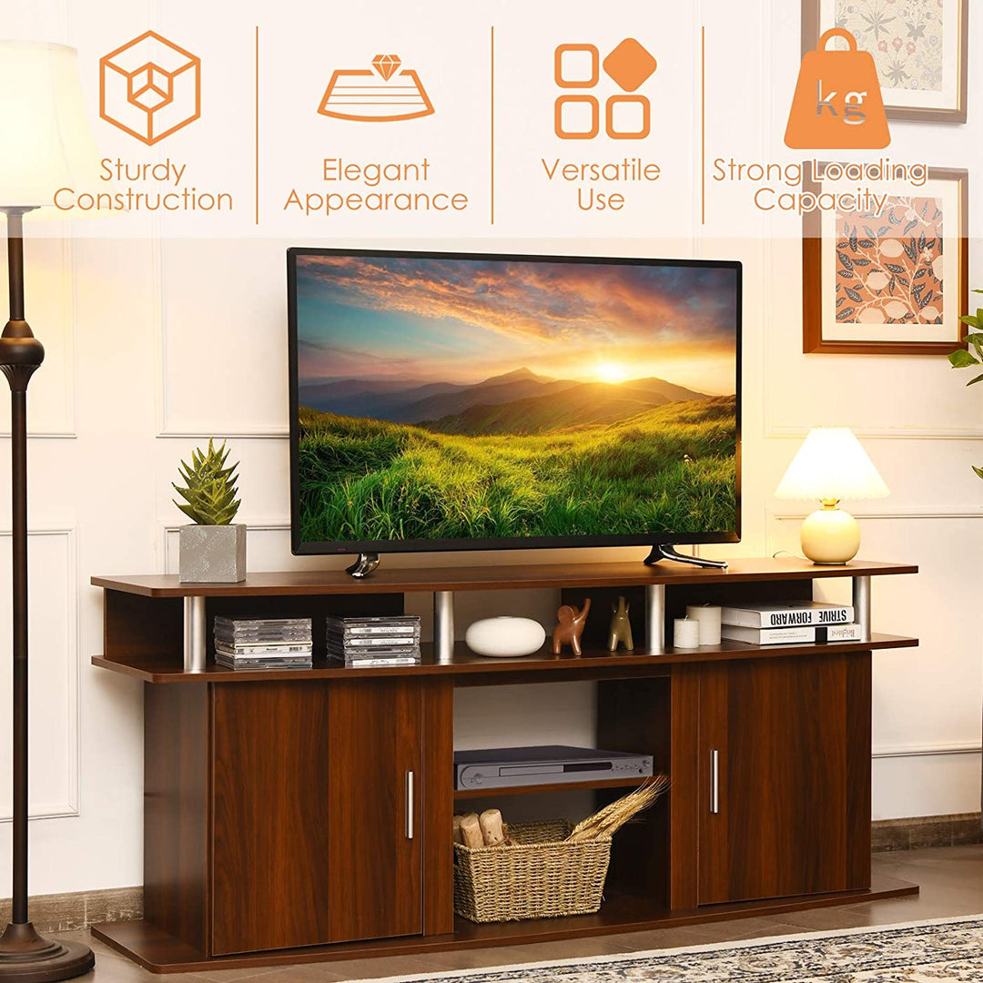 Wooden TV Cabinet Media Entertainment Center with 2 Doors and Open Shelves-Brown