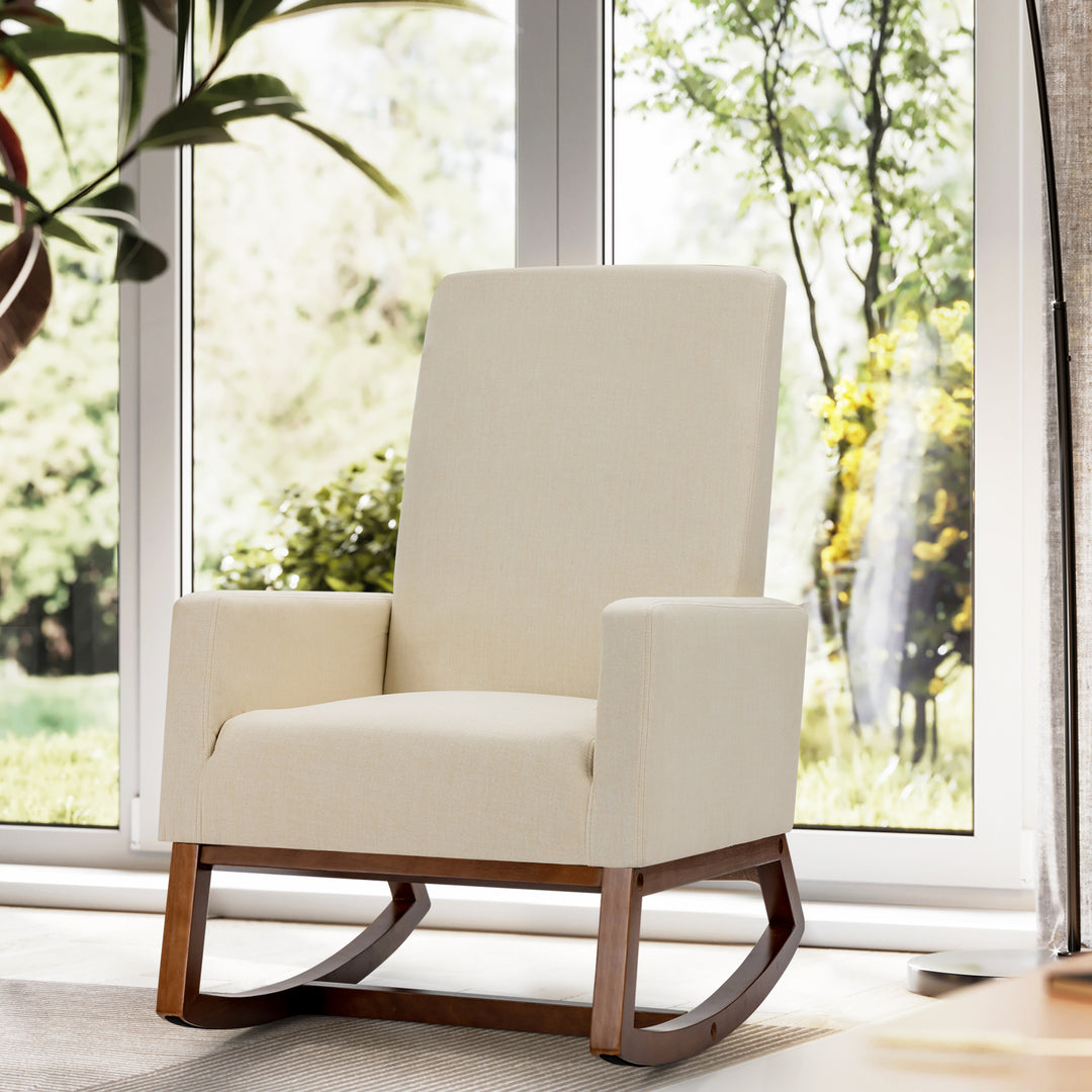 Upholstered Fabric Armchair with Rubber Wood Base-Beige