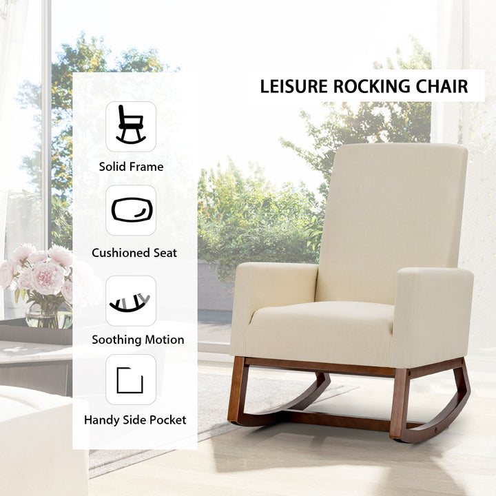 Upholstered Fabric Armchair with Rubber Wood Base-Beige