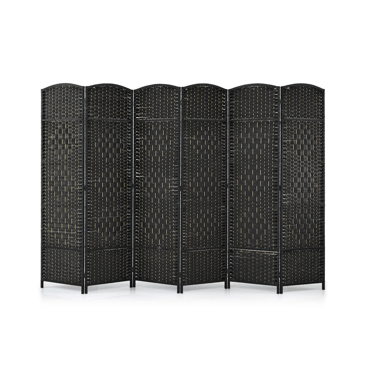 6 Panel Folding Room Divider with Hand-Woven Wicker for Home Office-Black