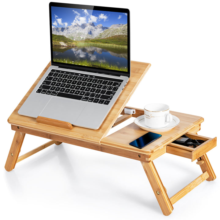 Portable Bamboo Laptop Lap Tray with Adjustable Legs and Tilting Top-Natural