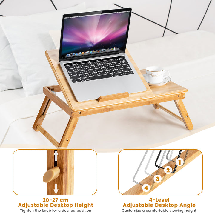 Portable Bamboo Laptop Lap Tray with Adjustable Legs and Tilting Top-Natural