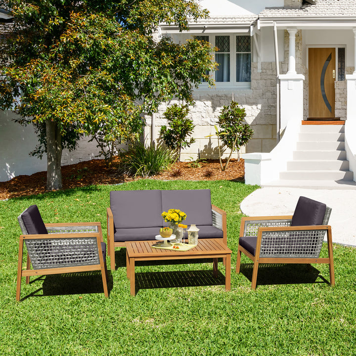 4 Pieces Wicker Patio Furniture Set with Loveseat Coffee Table and Chairs-Grey